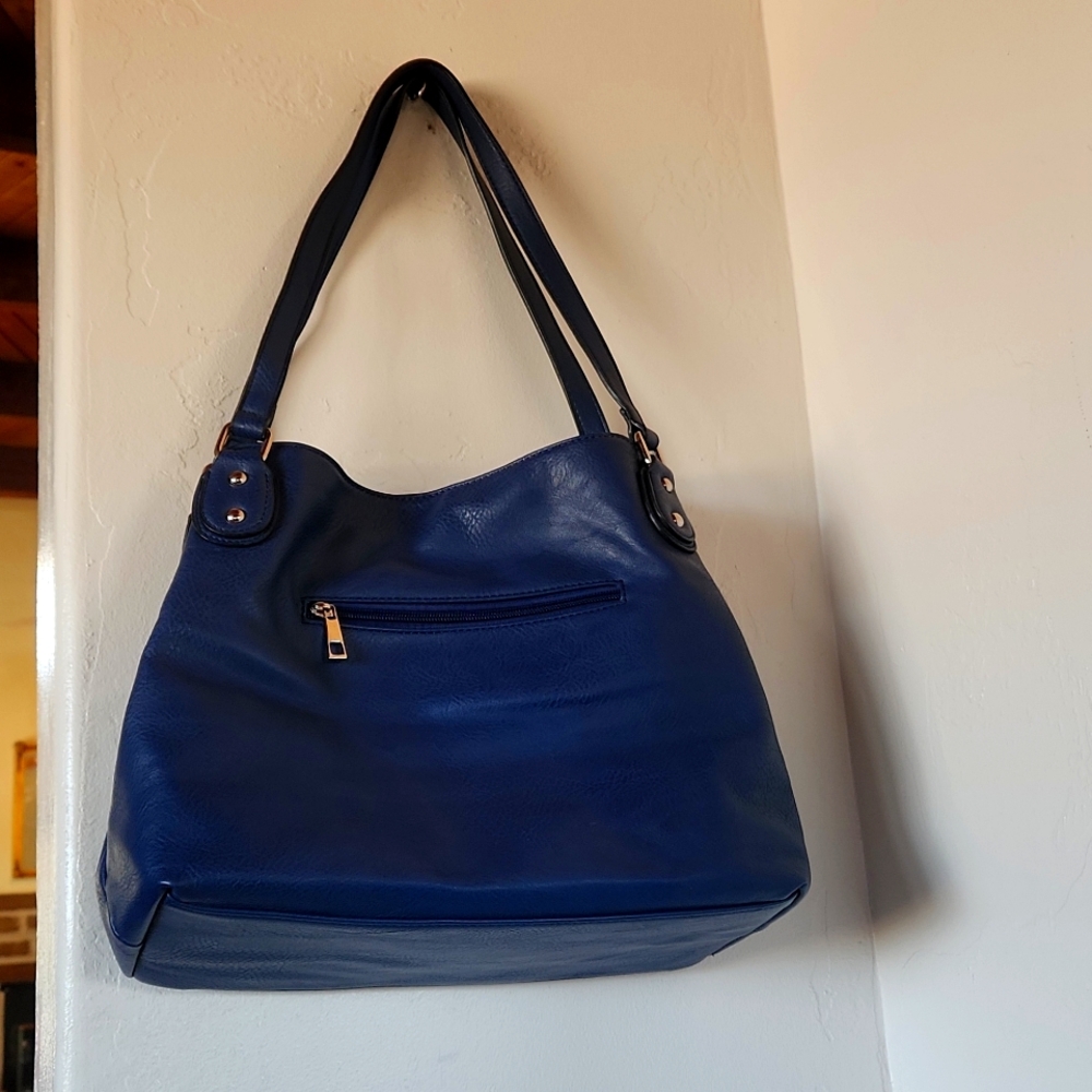 K Carroll large satchel handbag purse blue veagen leather great condition soft